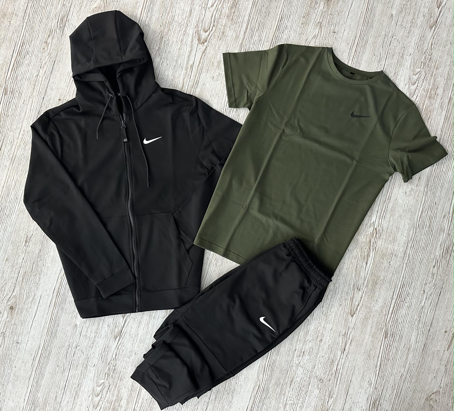 Демисезонный спортивный костюм Nike черная кофта на молнии + штаны (двонитка) + Футболка хаки Nike + Жилетка
