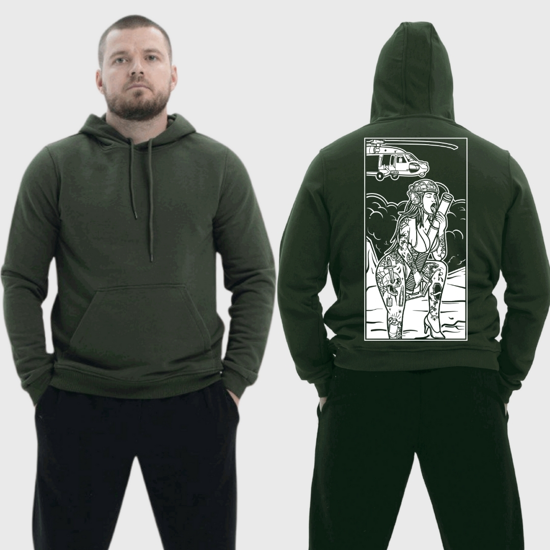 Чоловічий легкий худі з принтом Sunset Goons дівчина з мінометом гелікоптер, Хакі