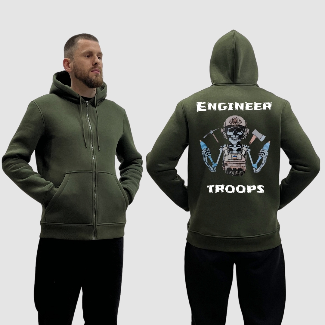 Чоловічий зіп-худі на флісі з принтом Engineer troops скелет з мінами тризуб прапор України, Хакі