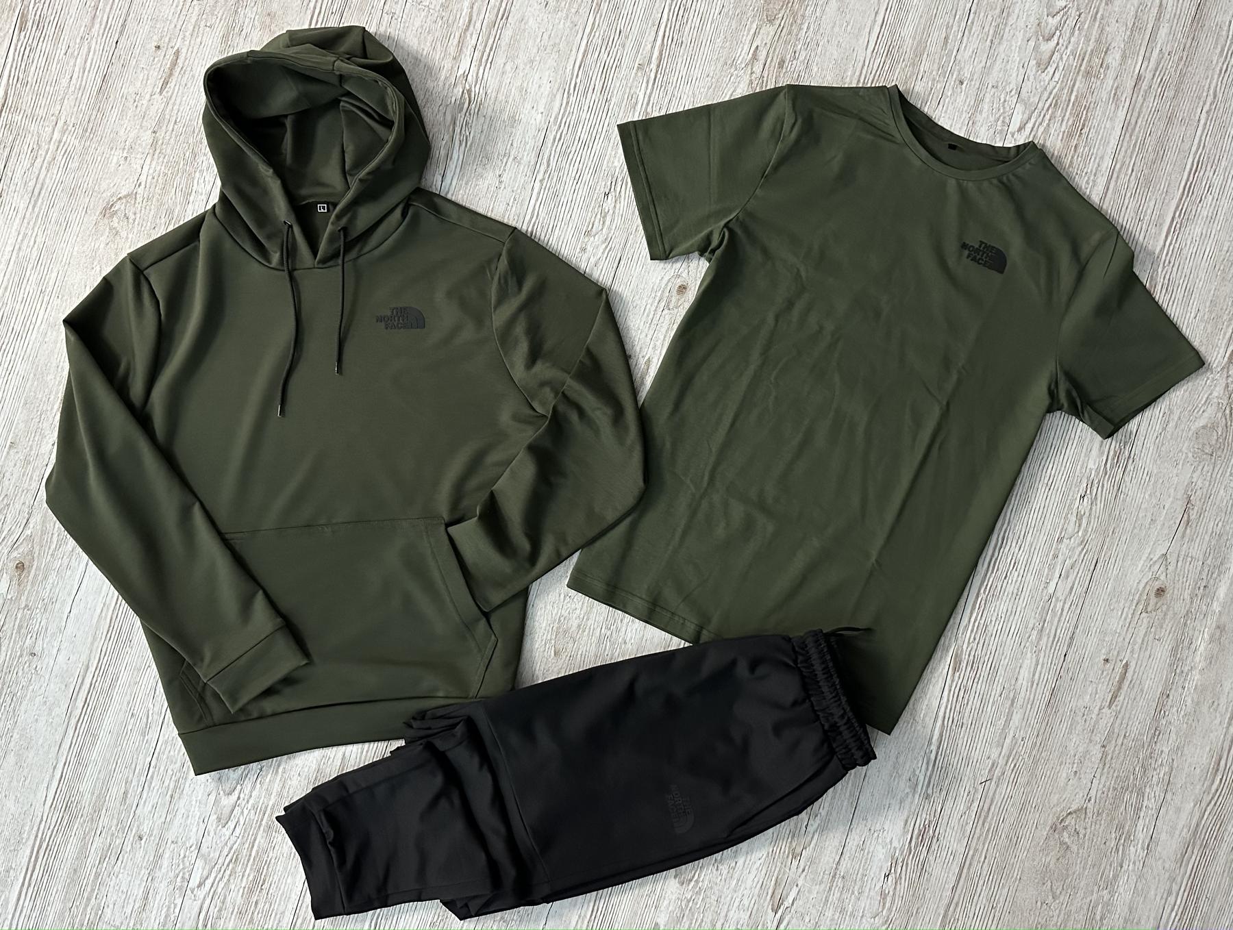 Демісезонний спортивний костюм The North Face худі хакі + штани (двонитка) + Футболка хакі The North Face + Жилетка +