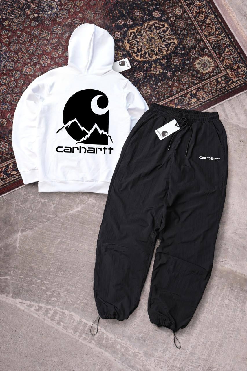 Костюм Худі (білий) двонитка+Штани чорні нейлон Весна/Осінь Carhartt базовий та молодіжний комплект