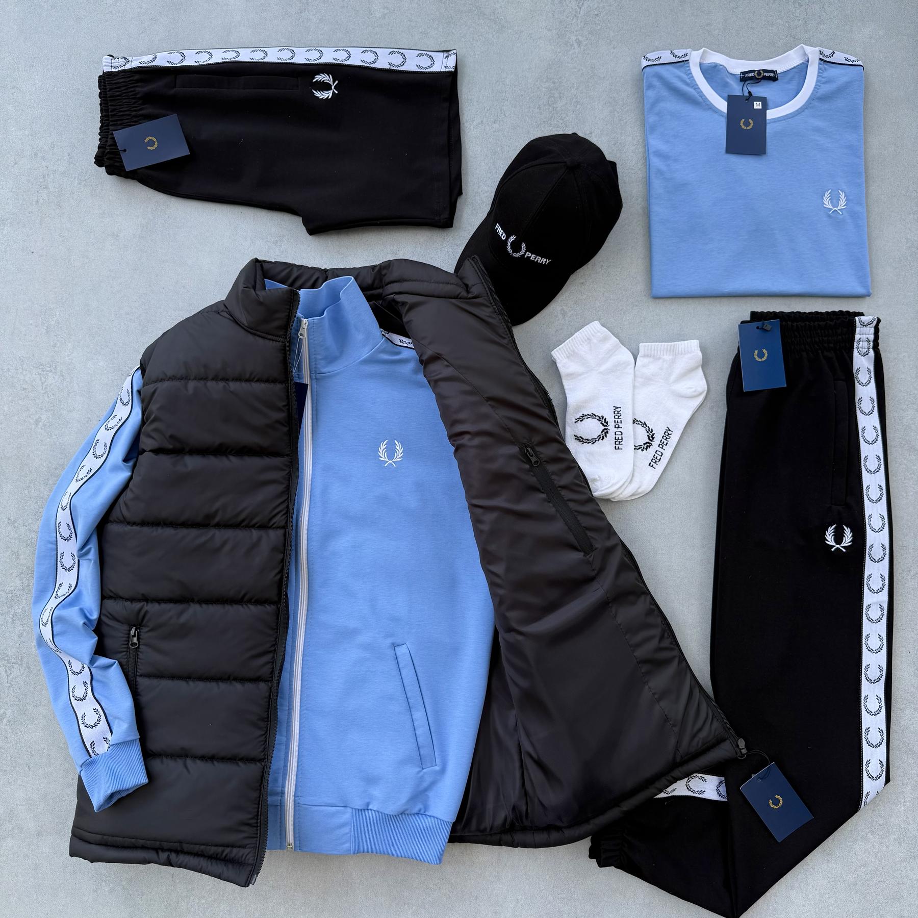 Набор 8в1 Fred Perry жилет кофта голубая штаны футболка голубая шорты кепка унисекс хлопковый всесезонный