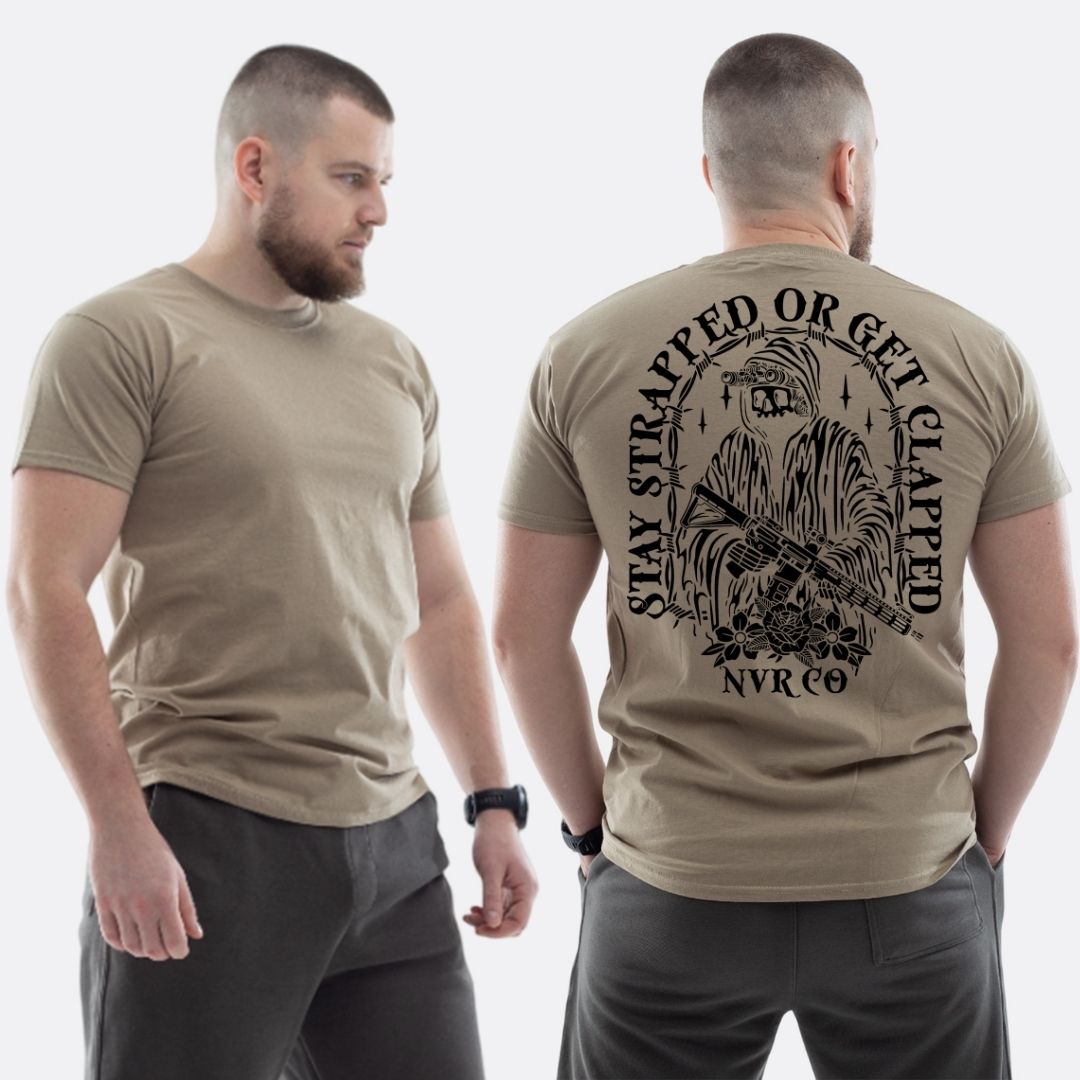 Чоловіча класична футболка з принтом Sunset Goons stay strapped or get clapped скелет стрілок , Бежевий