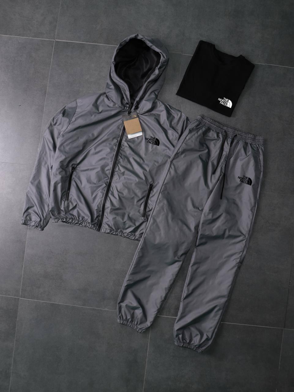 Костюм графіт з плащівки Вітровка+Штани +Футболка чорна The North Face-мал демісезонний повсякденний комплект