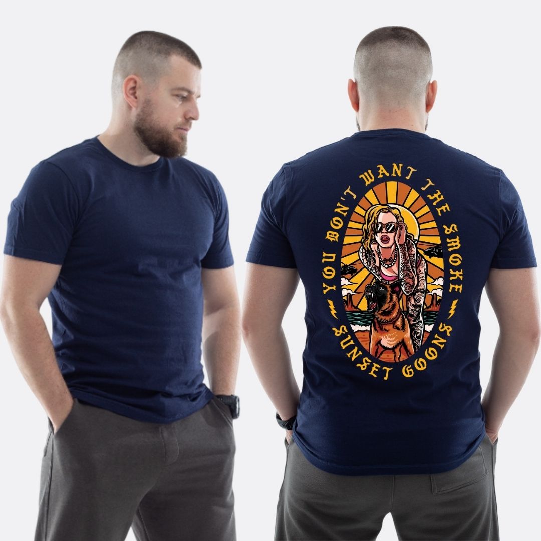 Чоловіча класична футболка з принтом Sunset Goons дівчина та собака не хочеш палити , Темно синій