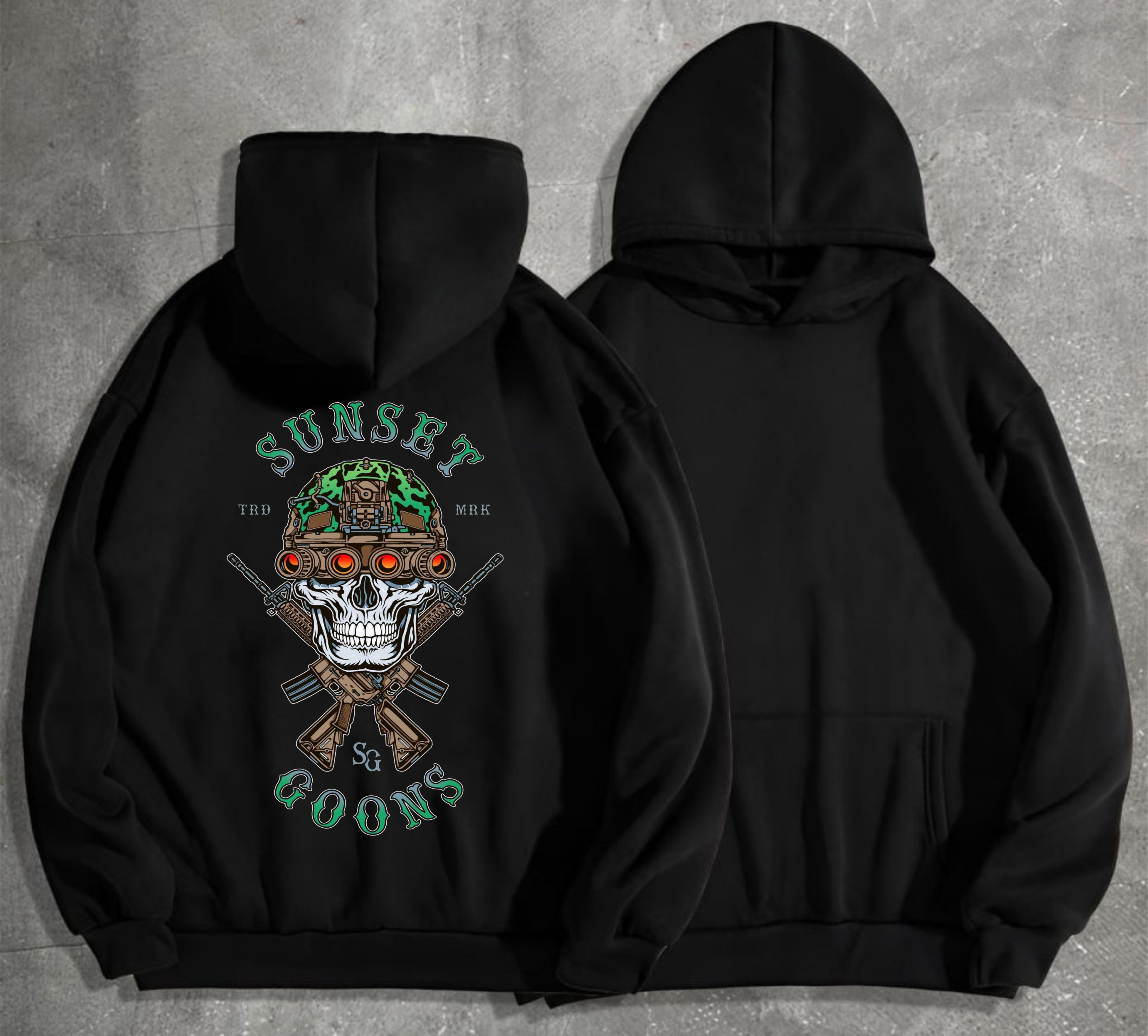 Худі чоловічий на флісі з принтом Sunset Goons Зелений череп в тепловізорі , Чорний