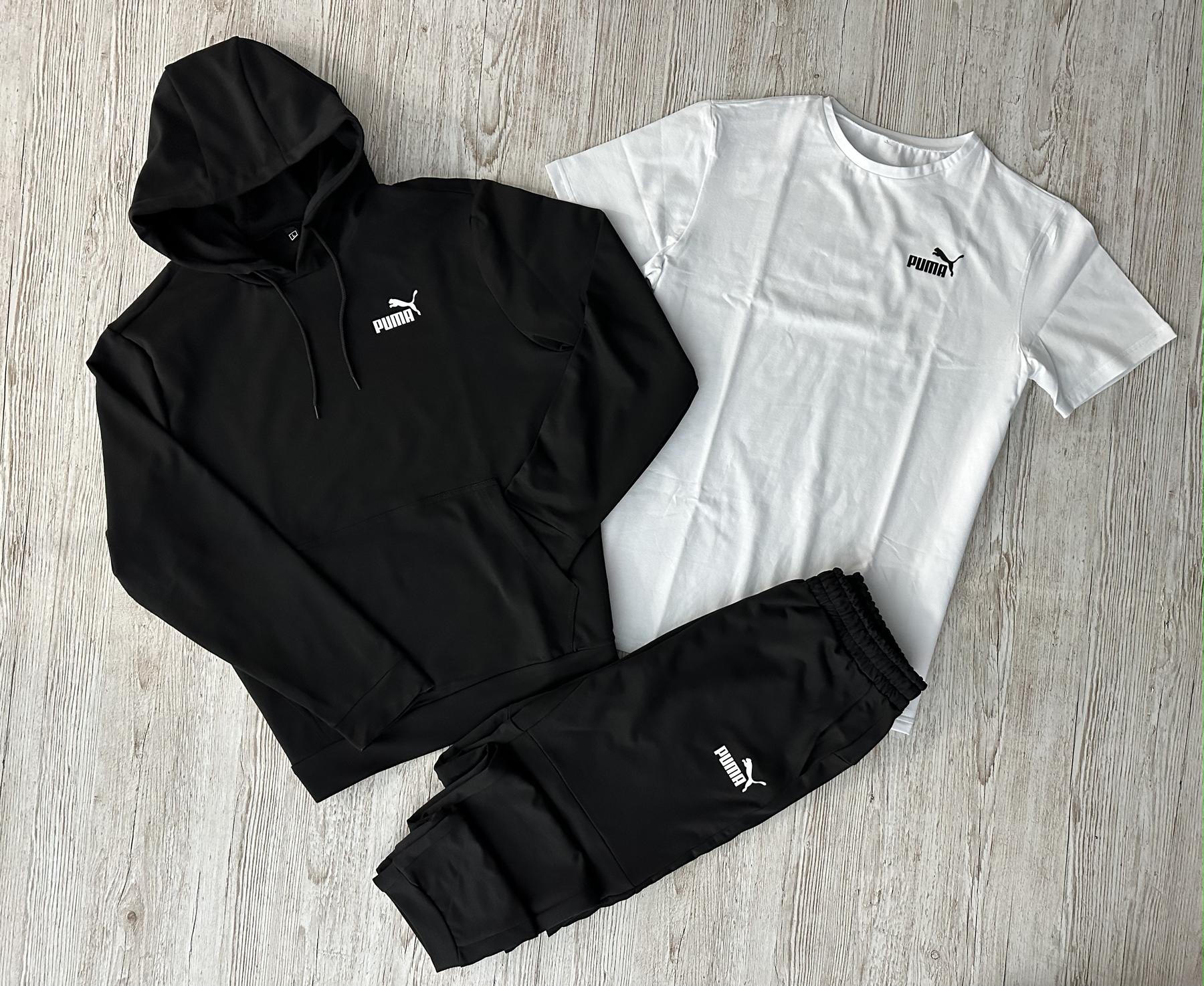Демисезонный спортивный костюм Puma черный худи + штаны (двонитка) + Футболка белая Puma + Жилетка + Носки 2