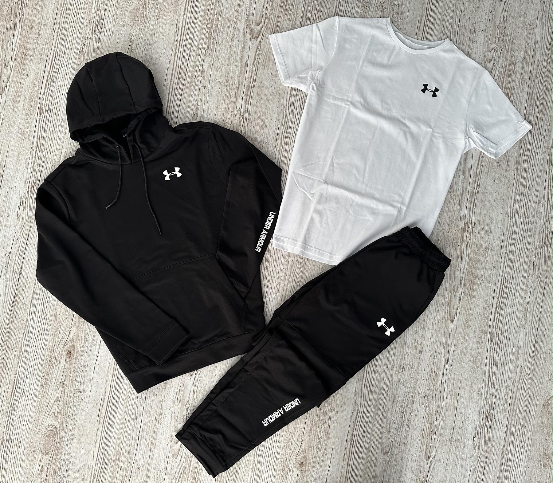 Демісезонний спортивний костюм Under Armour чорний худі + штани (двонитка) + Футболка біла Under Armour + Жилетка + Шкарпетки