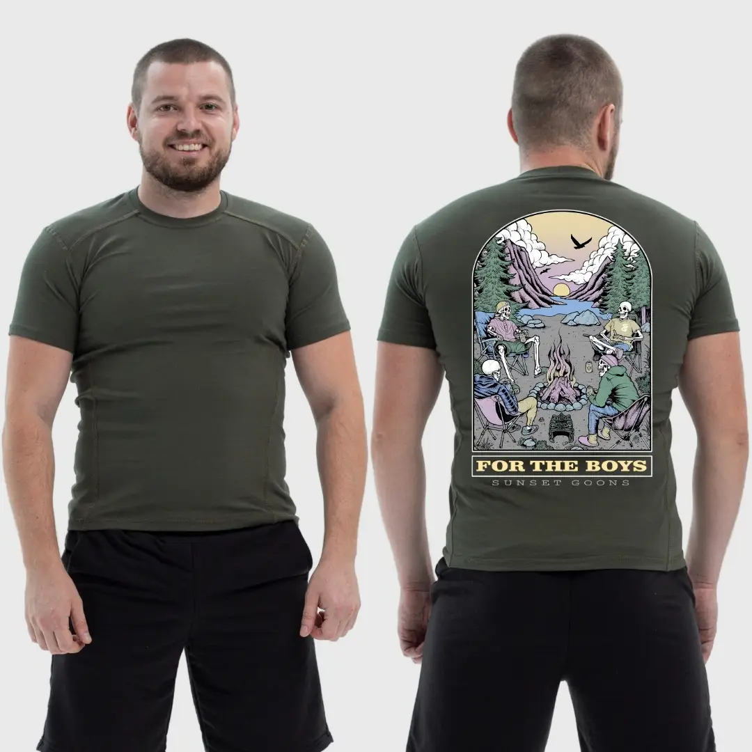 Чоловіча тактична футболка з принтом Sunset Goons for the boys для хлопців скелети біля вогнища, Хакі