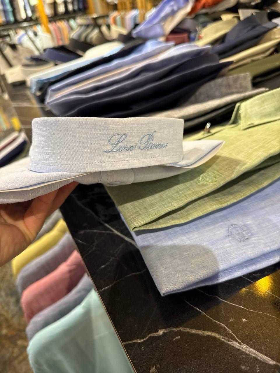 Рубашка льон на длинный рукав Loro Piana мужская льняная голубая повседневная и молодежная для прогулок