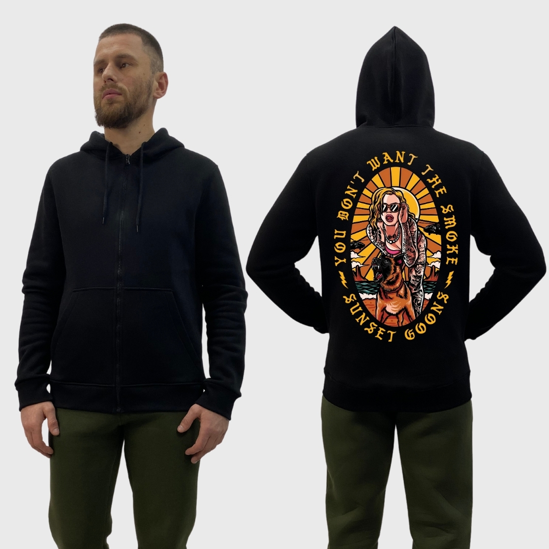 Чоловічий зіп-худі на флісі з принтом Sunset Goons дівчина та собака не хочеш палити, Чорний