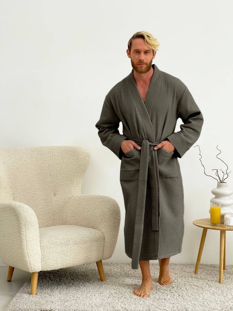Вафельний халат чоловічий COSY кімоно без коміра 2XL темно-сірий 821N-2