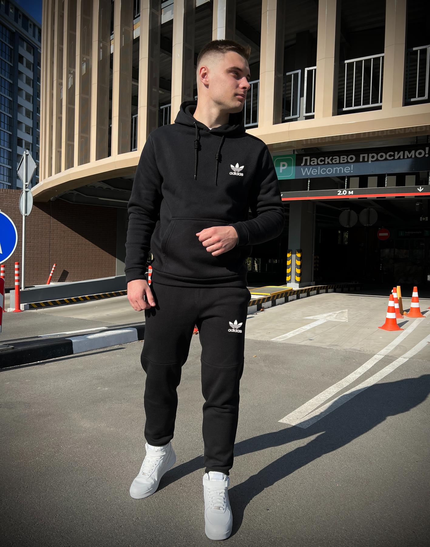 Зимовий спортивний костюм Adidas з начосом чорний худі + чорні штани чоловічий тринитка актуальний з капюшоном