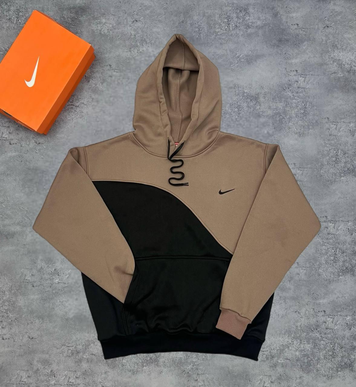 Худі Nike коричнево-чорний чоловіче тринитка всесезонне модне та базове з вишивкою толстовка з капюшоном