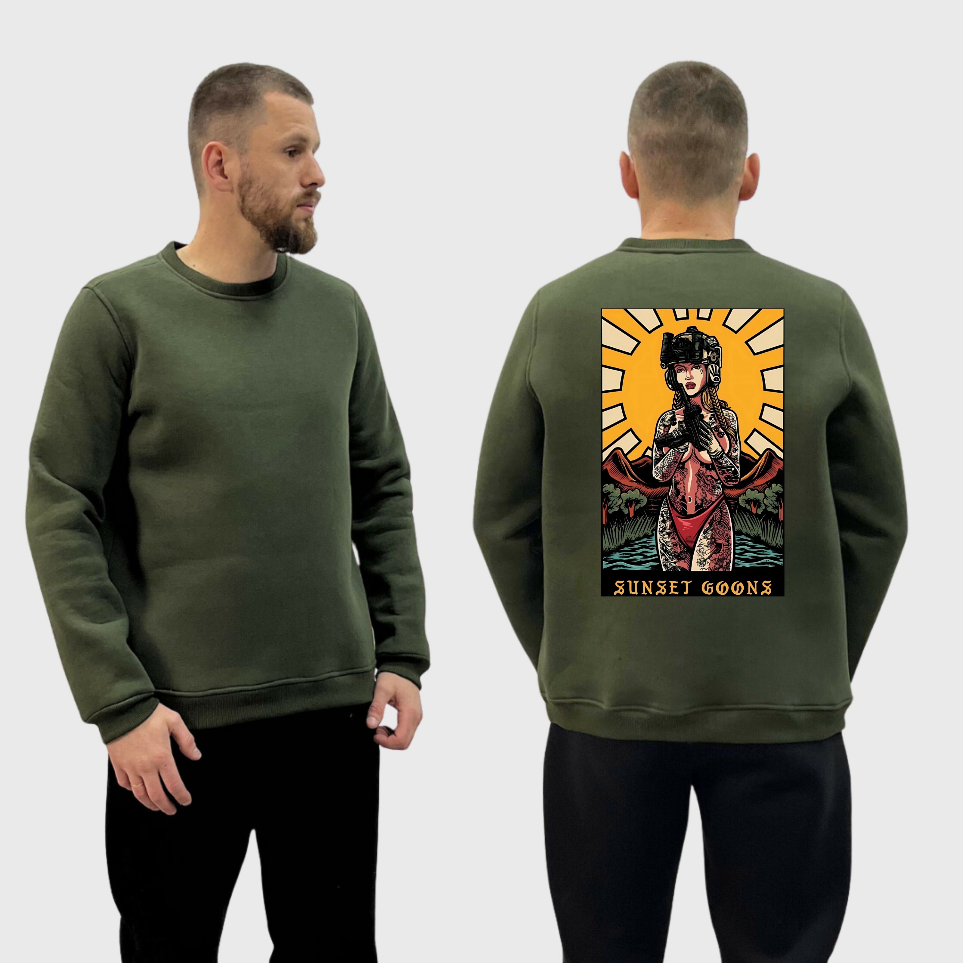 Чоловічий світшот на флісі з принтом Sunset Goons дівчина сонце полудень, Хакі