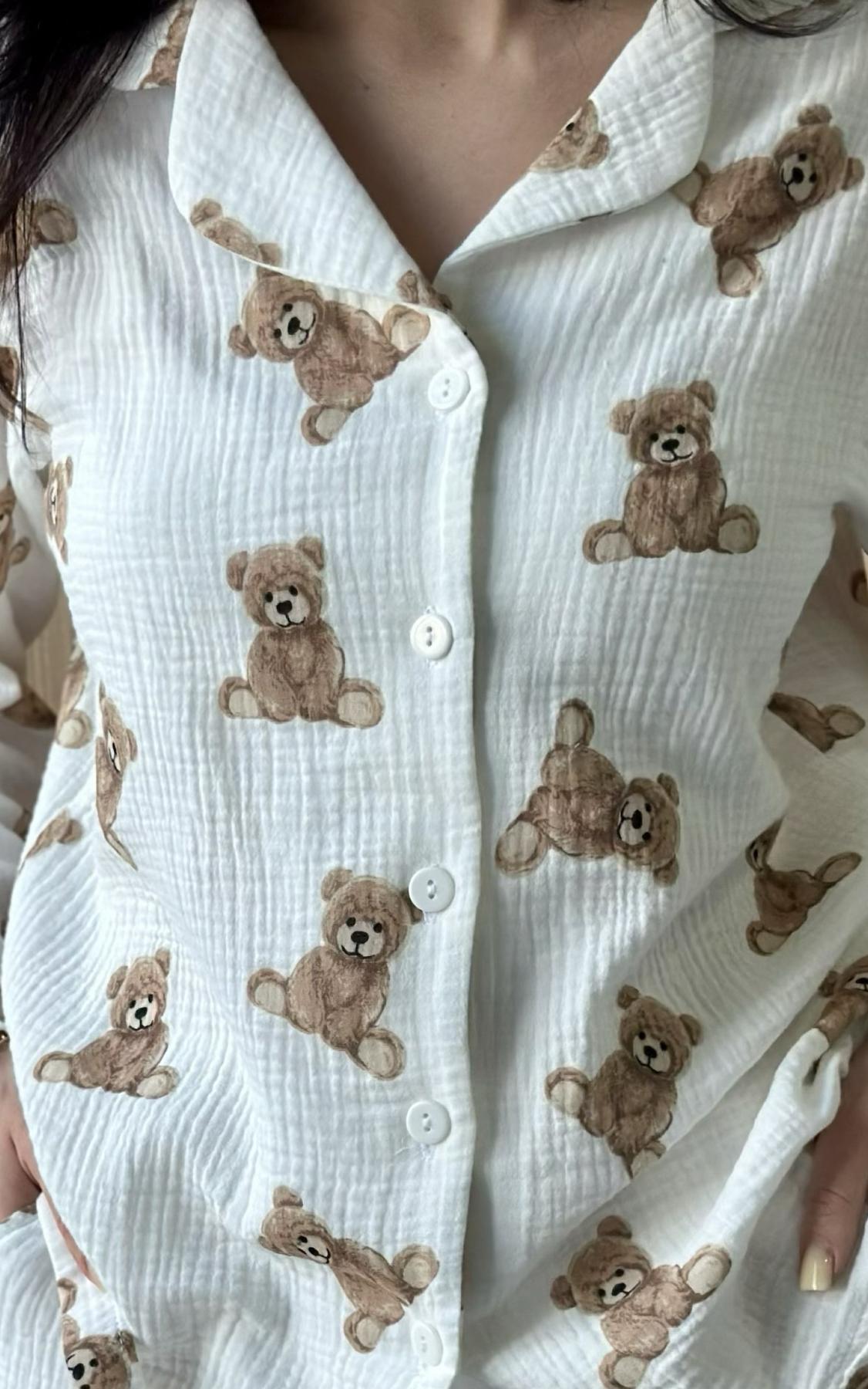 Жіноча піжама муслінова піжама рюші сорочка+штани, ведмедики Teddy - фото 2