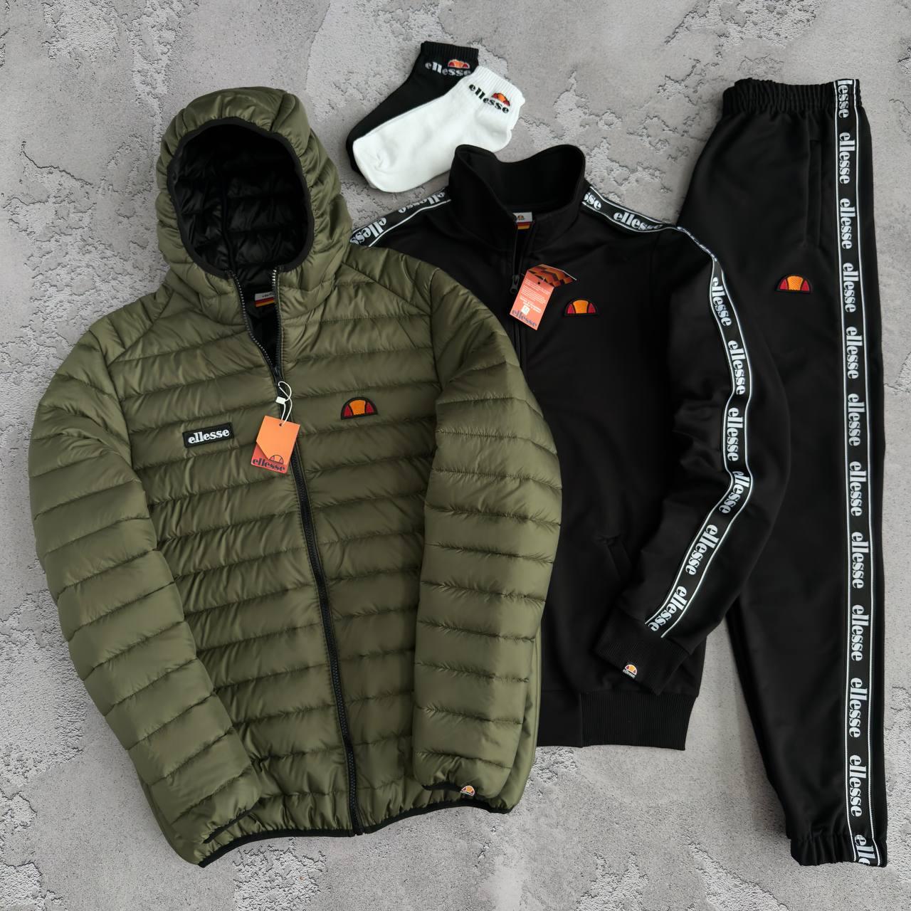 Набор Ellesse куртка кофта штаны черные лампас унисекс хлопковый всесезонный модный с капюшоном комплект