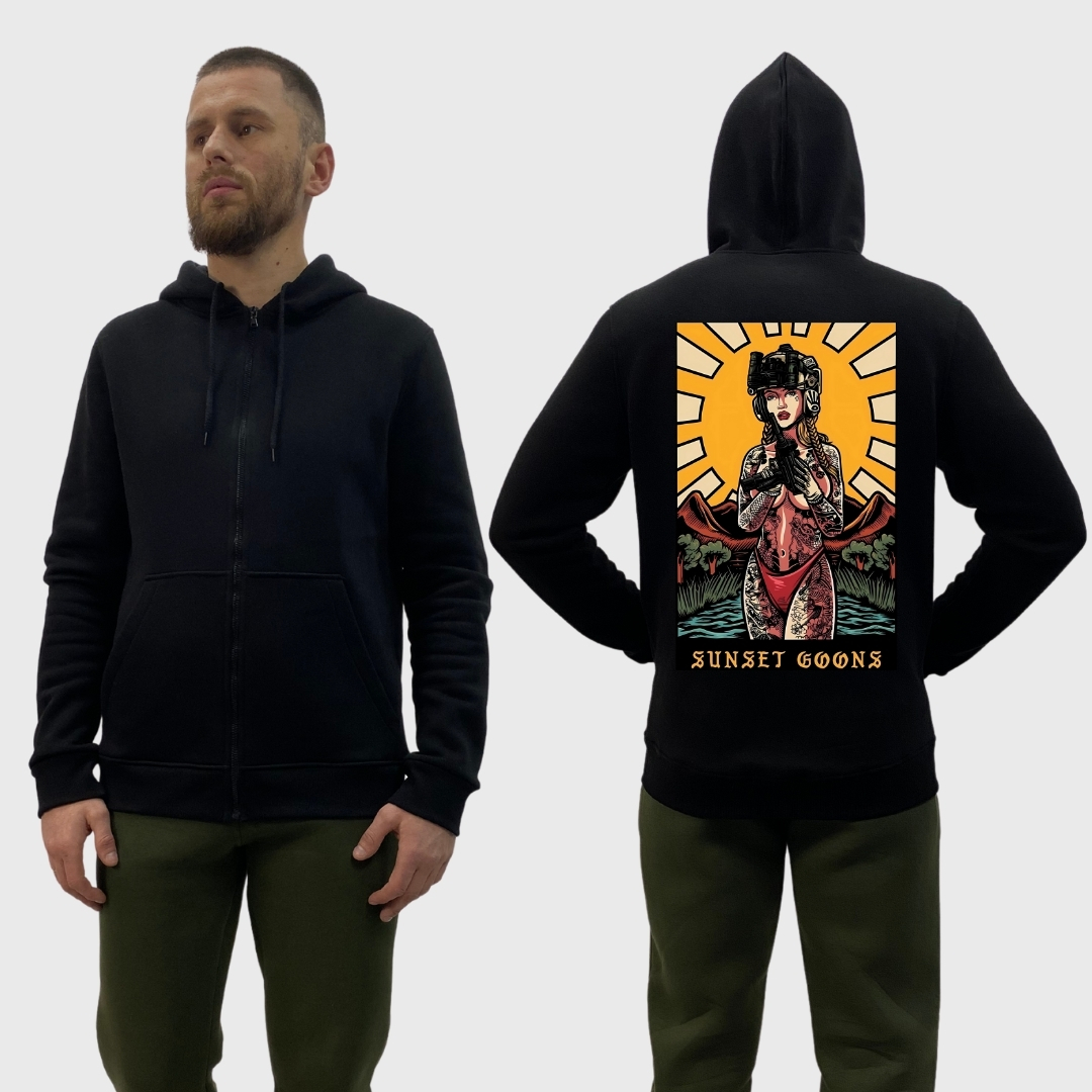 Чоловічий зіп-худі на флісі з принтом Sunset Goons дівчина сонце полудень, Чорний