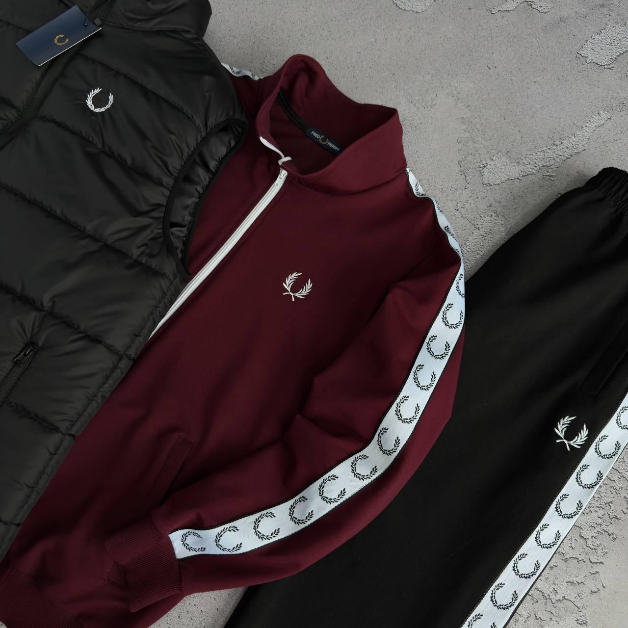 Набор Fred Perry жилет черный кофта бордовая штаны черные лампас двунитка демисезонный актуальный комплект