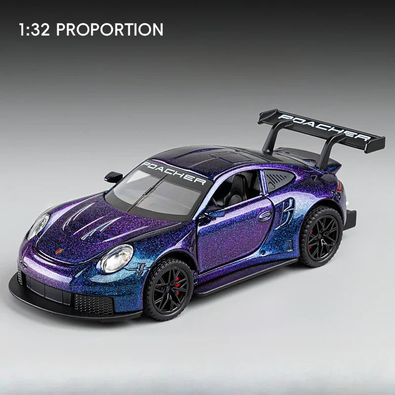 Модель автомобіля Porsche 911 GT3 RS 1:32 — металева фіолетова машинка з блискітками, зі звуком і світлом