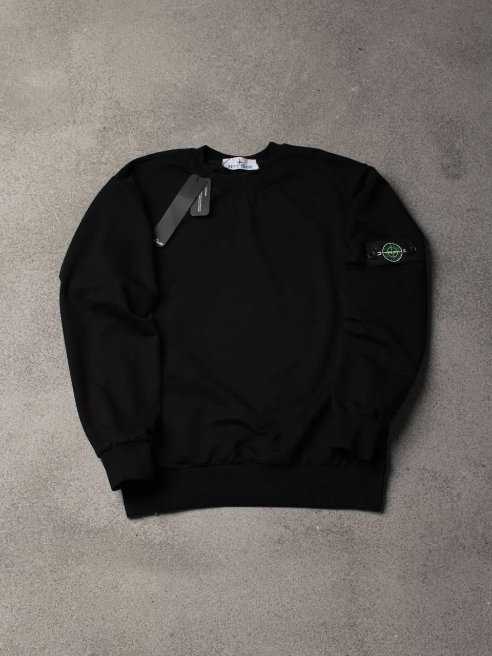 Свитшот stone island-патч осень мужской черный двунитка качественный и универсальный кофта без капюшона реглан