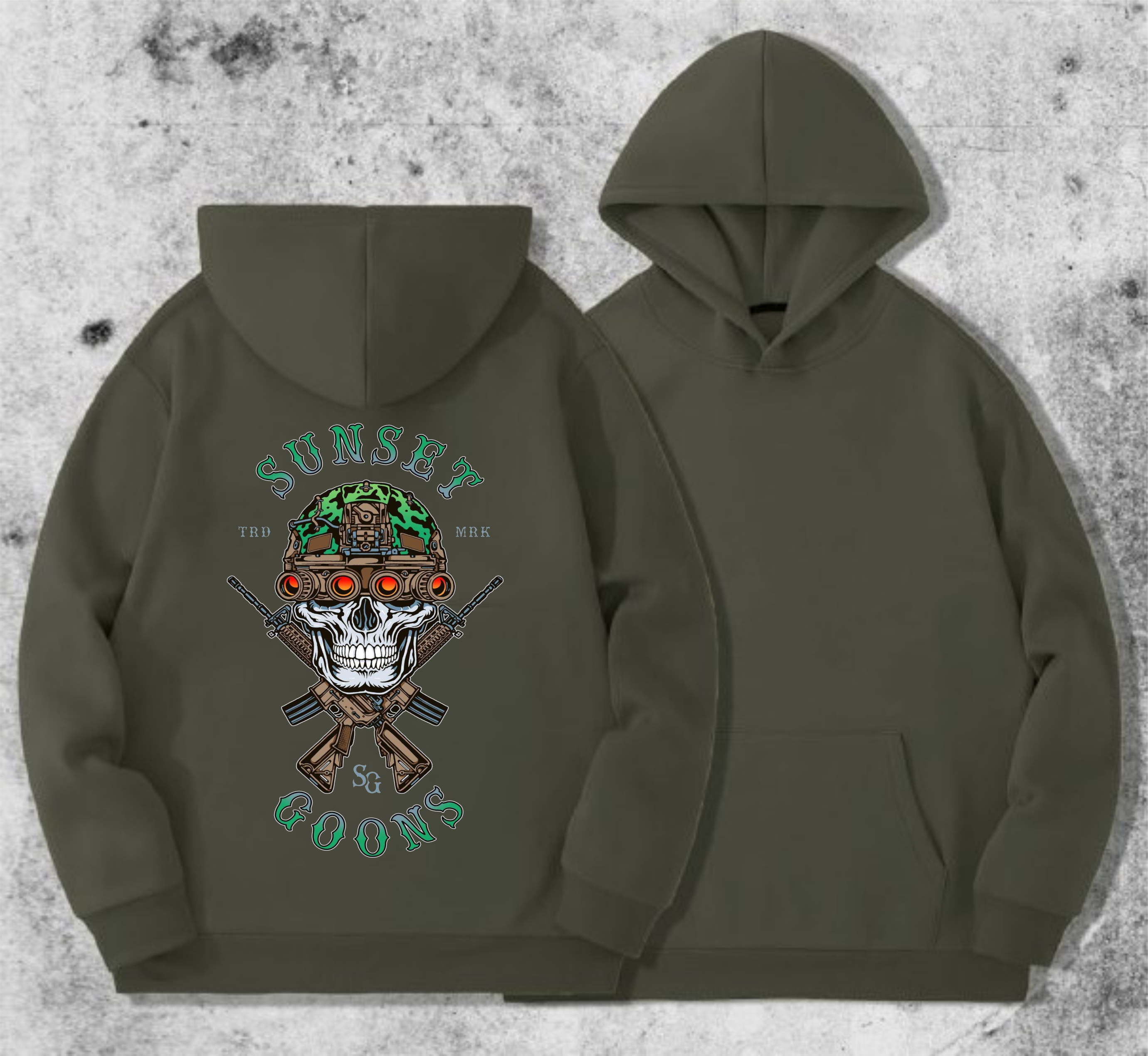 Худі чоловічий на флісі з принтом Sunset Goons Зелений череп в тепловізорі , Хакі