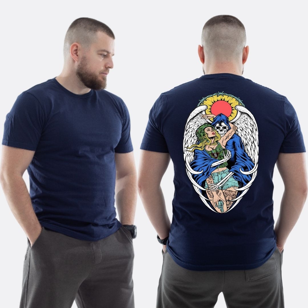 Чоловіча класична футболка з принтом Sunset Goons дівчина та скелет янгол , Темно синій