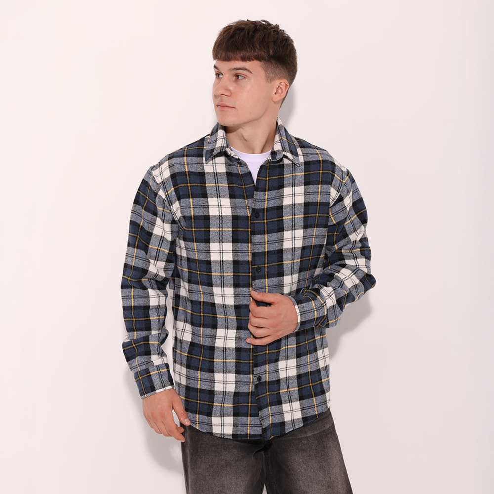 Рубашка Pobedov Tartan Синьо-блакитний мужская полиэстер удобная легкая на свидание