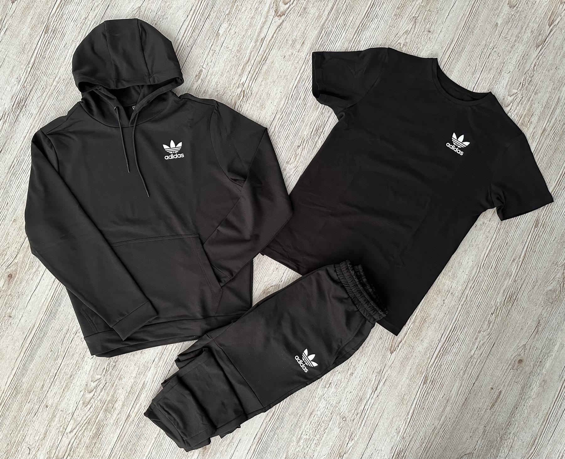 Демісезонний спортивний костюм Adidas чорний худі + штани (двонитка) + Футболка чорна Adidas + Жилетка + Шкарпетки 2 пари