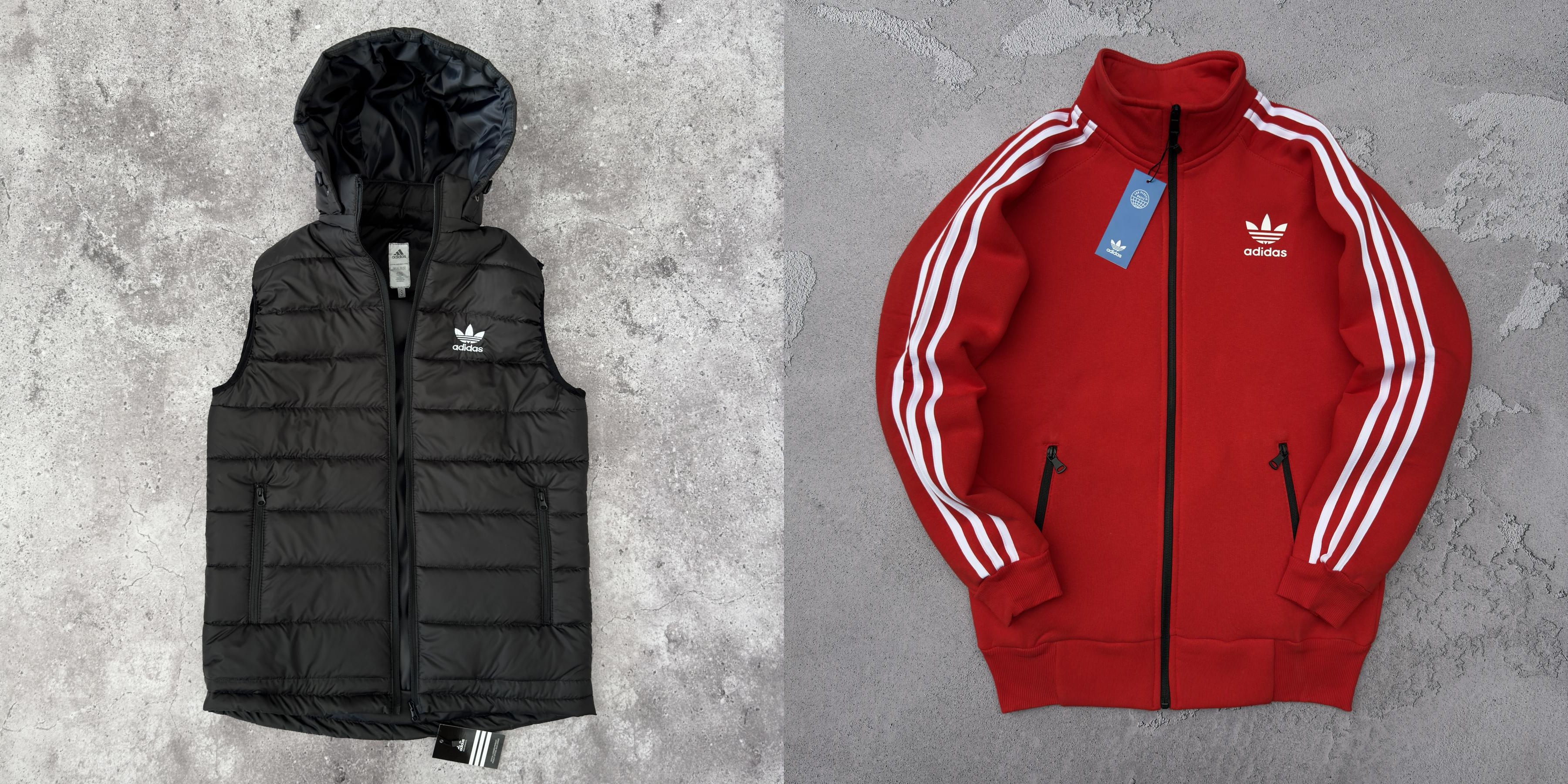 Зима жилет кофта штаны Adidas мужской хлопковый красный молодежный спортивный на молнии на флисе безрукавка