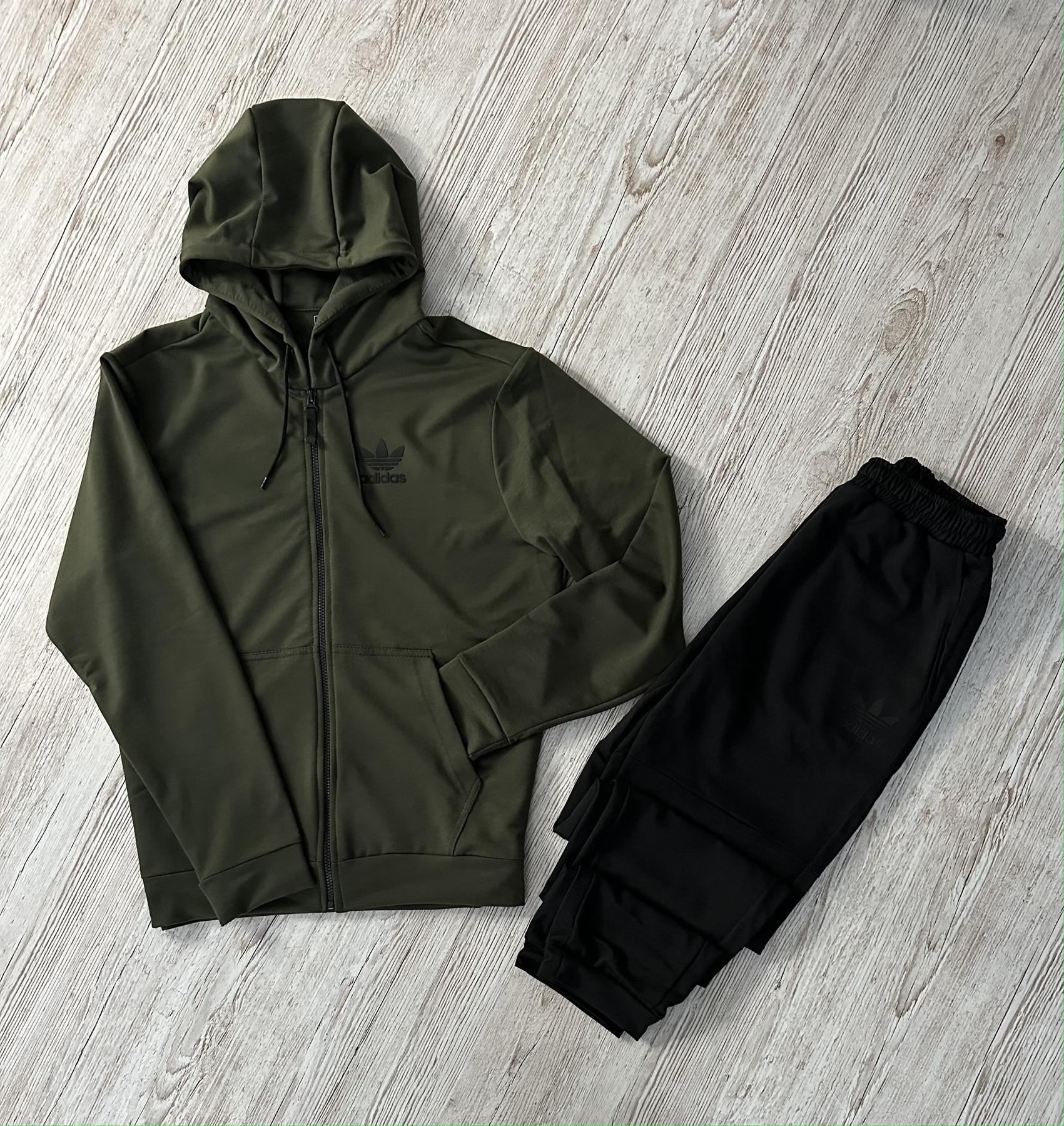 Демисезонный спортивный костюм Adidas кофта на молнии хаки + штаны (двонитка) + Футболка черная Adidas мужской