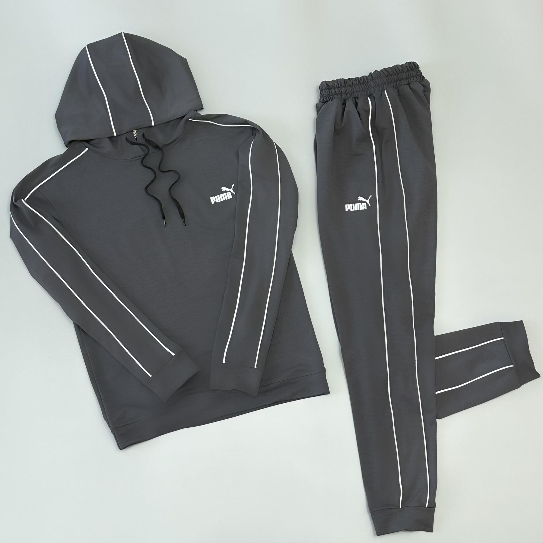 Спортивный костюм Puma серый двунитка демисезонный стильный и качественный с капюшоном комплект кофта и штаны