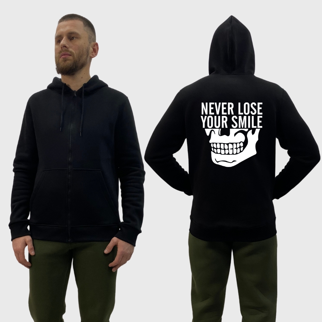 Чоловічий зіп-худі на флісі з принтом Never lose your smile не втрачай посмішку, Чорний