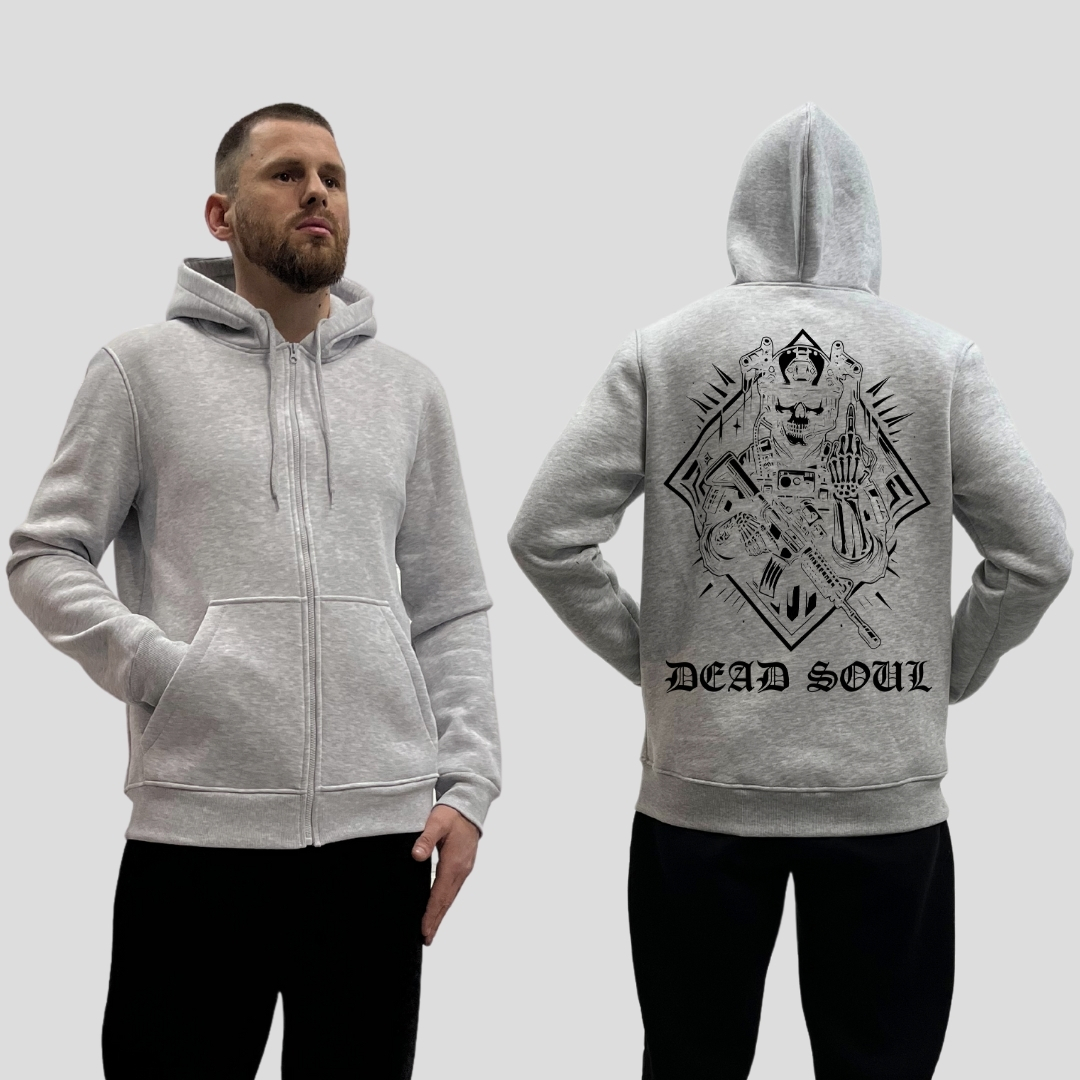 Чоловічий зіп-худі на флісі з принтом Dead soul мертва душа скелет показує фак, Сірий