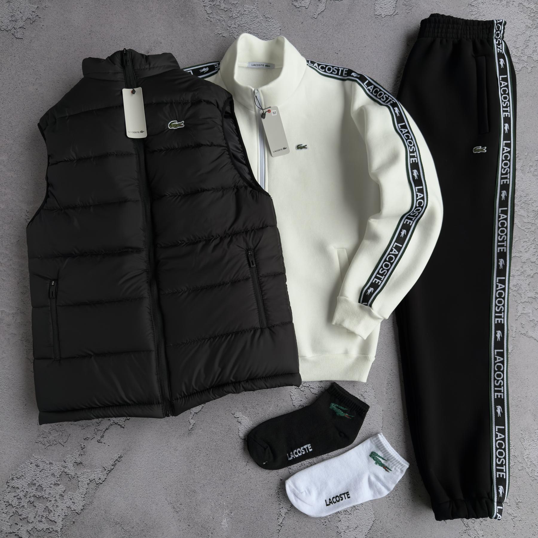 Набор Lacoste зима жилет кофта молочна штаны черные лампас унисекс хлопковый качественный и модный комплект