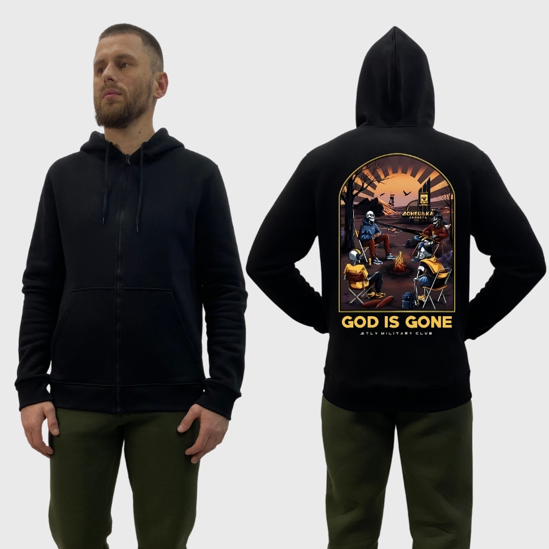 Чоловічий зіп-худі на флісі з принтом Sunset Goons Бог пішов скелети біля вогнища, Чорний
