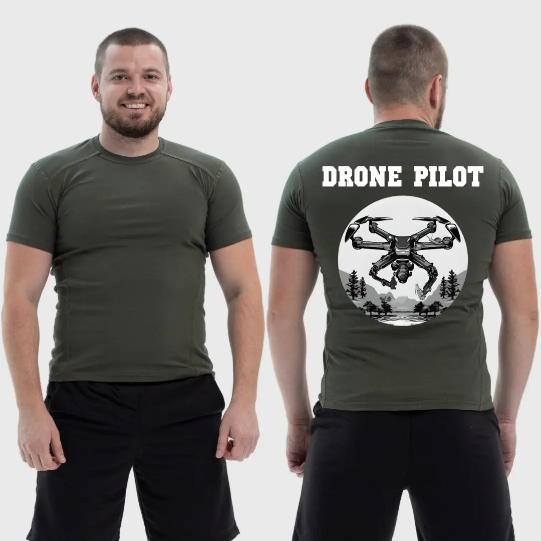 Чоловіча тактична футболка з принтом Drone pilot FPV дрон з гранатою скид, Хакі