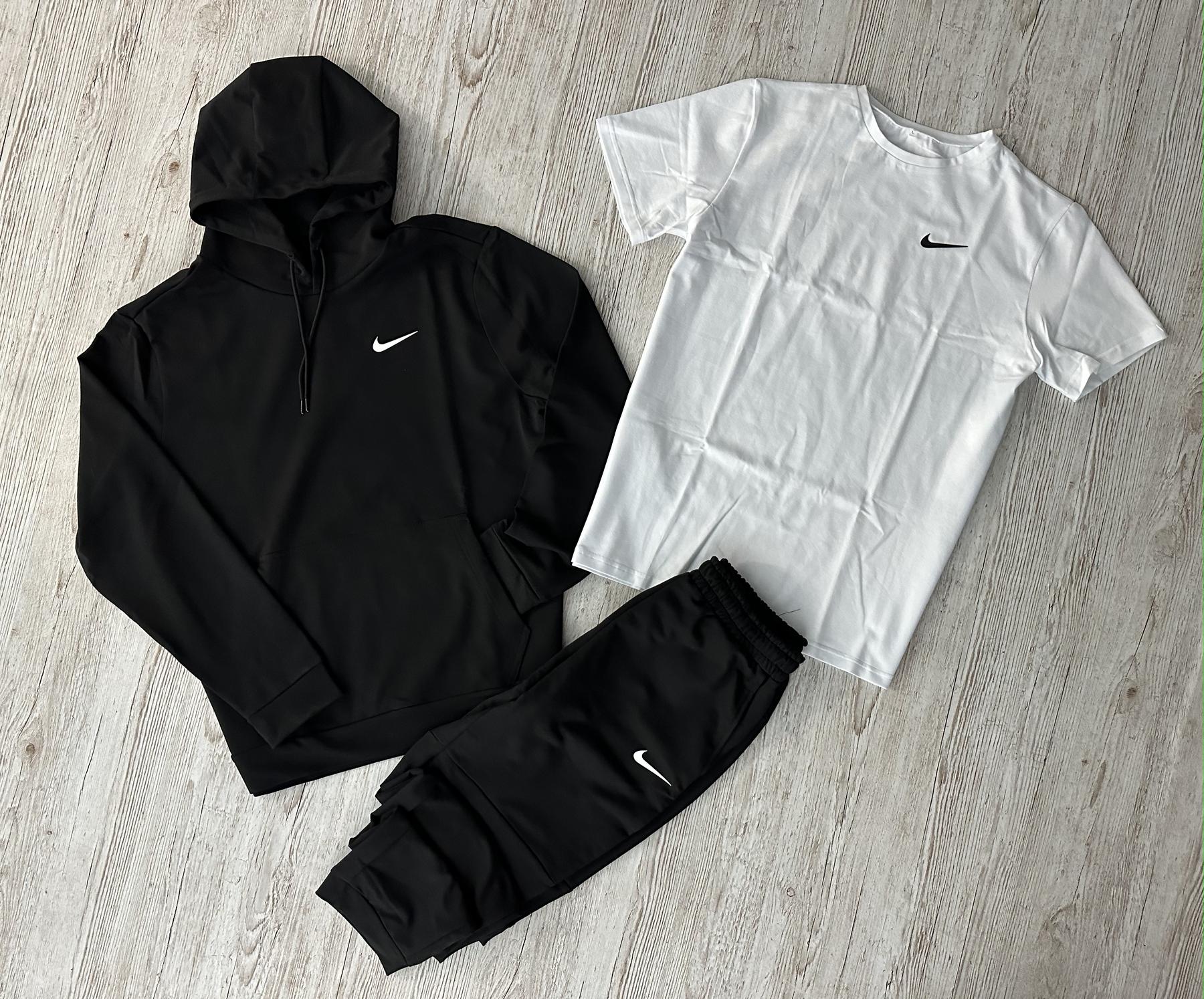 Демисезонный спортивный костюм Nike черный худи + штаны (двонитка) + Футболка белая Nike + Жилетка + Носки 2