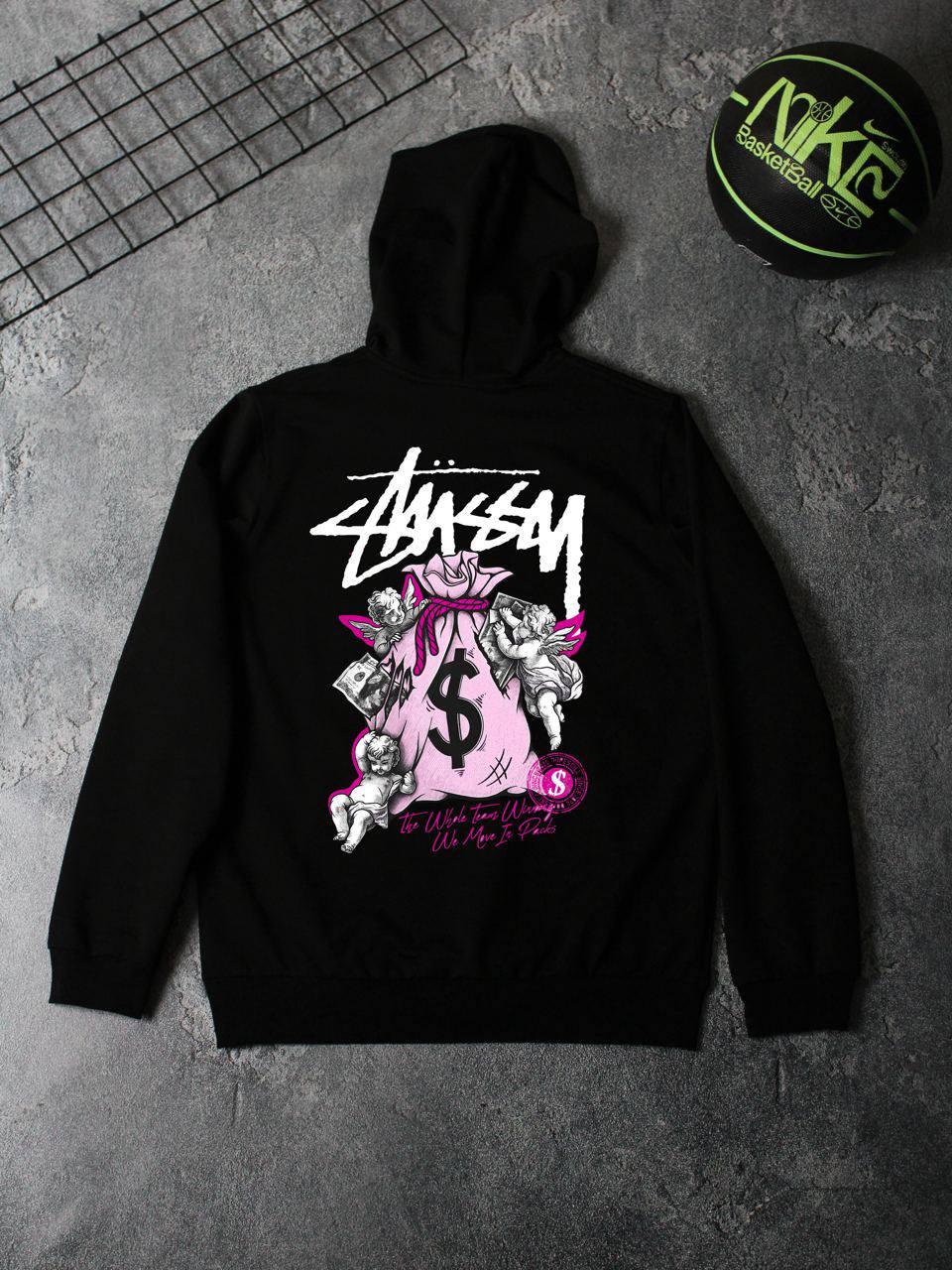 Худи STUSSY-MONEY осень мужское трикотажное черное актуальное и молодежное с капюшоном для прогулок