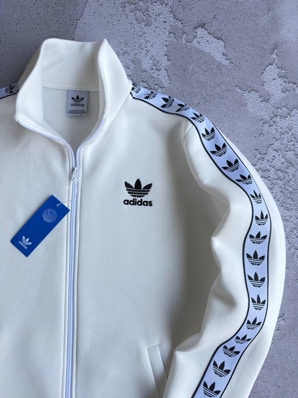 Зима кофта Adidas лампас молочна унисекс хлопковая модная утепленная на молнии в стиле casual реглан джемпер