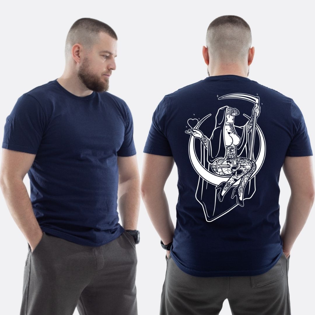 Чоловіча класична футболка з принтом Sunset Goons дівчина на місяці серце коса смерть , Темно синій