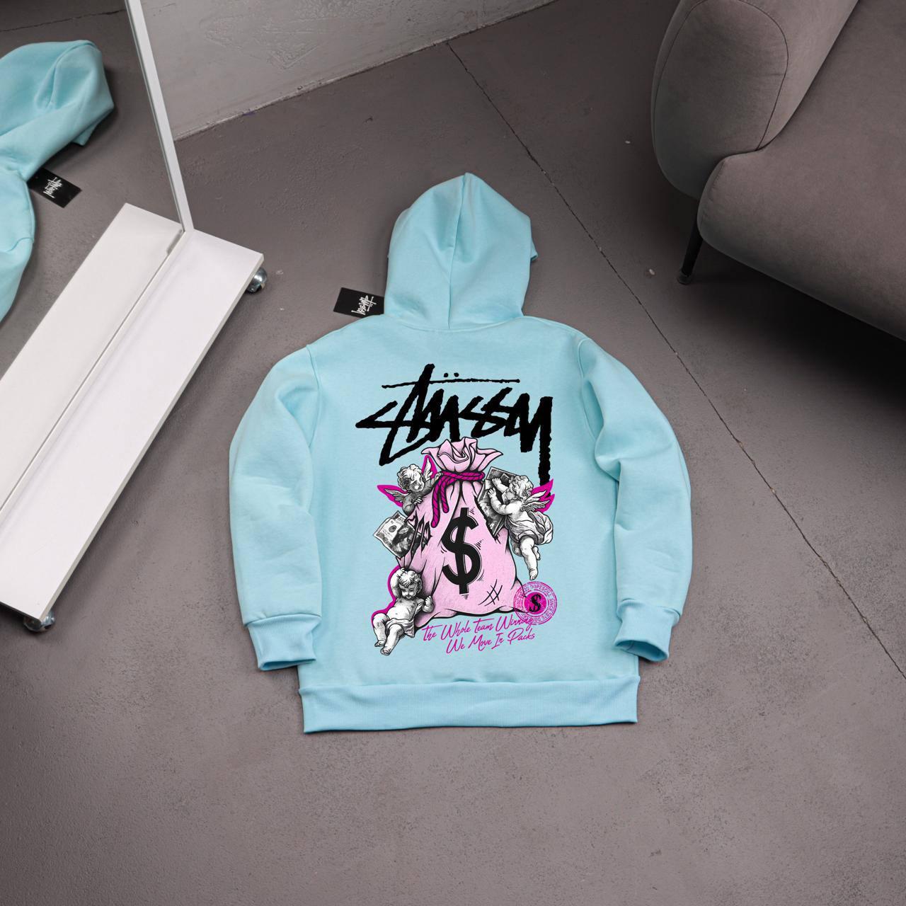 Худи бирюза STUSSY-MONEY флис мужское всесезонное повседневное и базовое с капюшоном на каждый день
