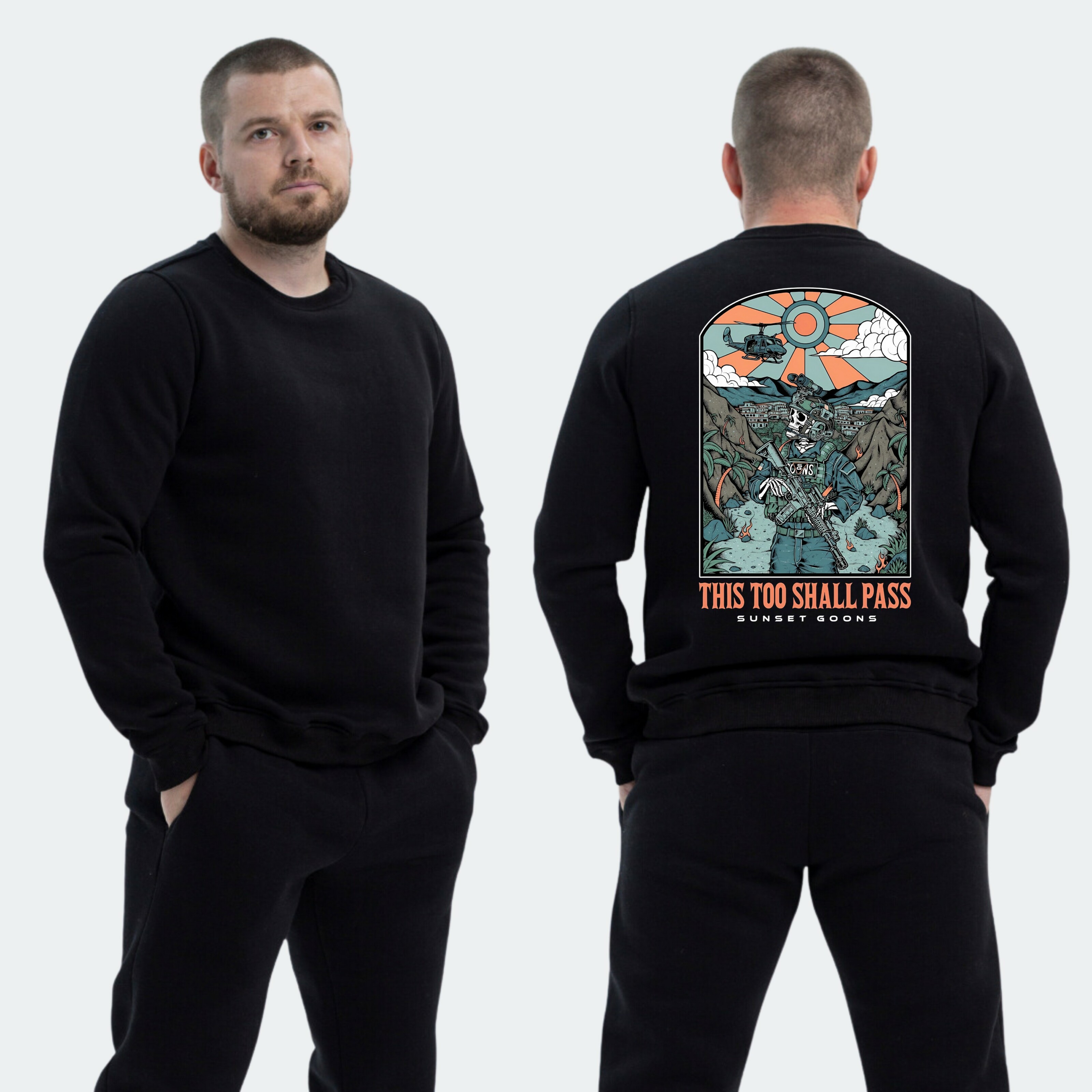 Чоловічий світшот на флісі з принтом Sunset Goons скелет захід сонця гелікоптер, Чорний