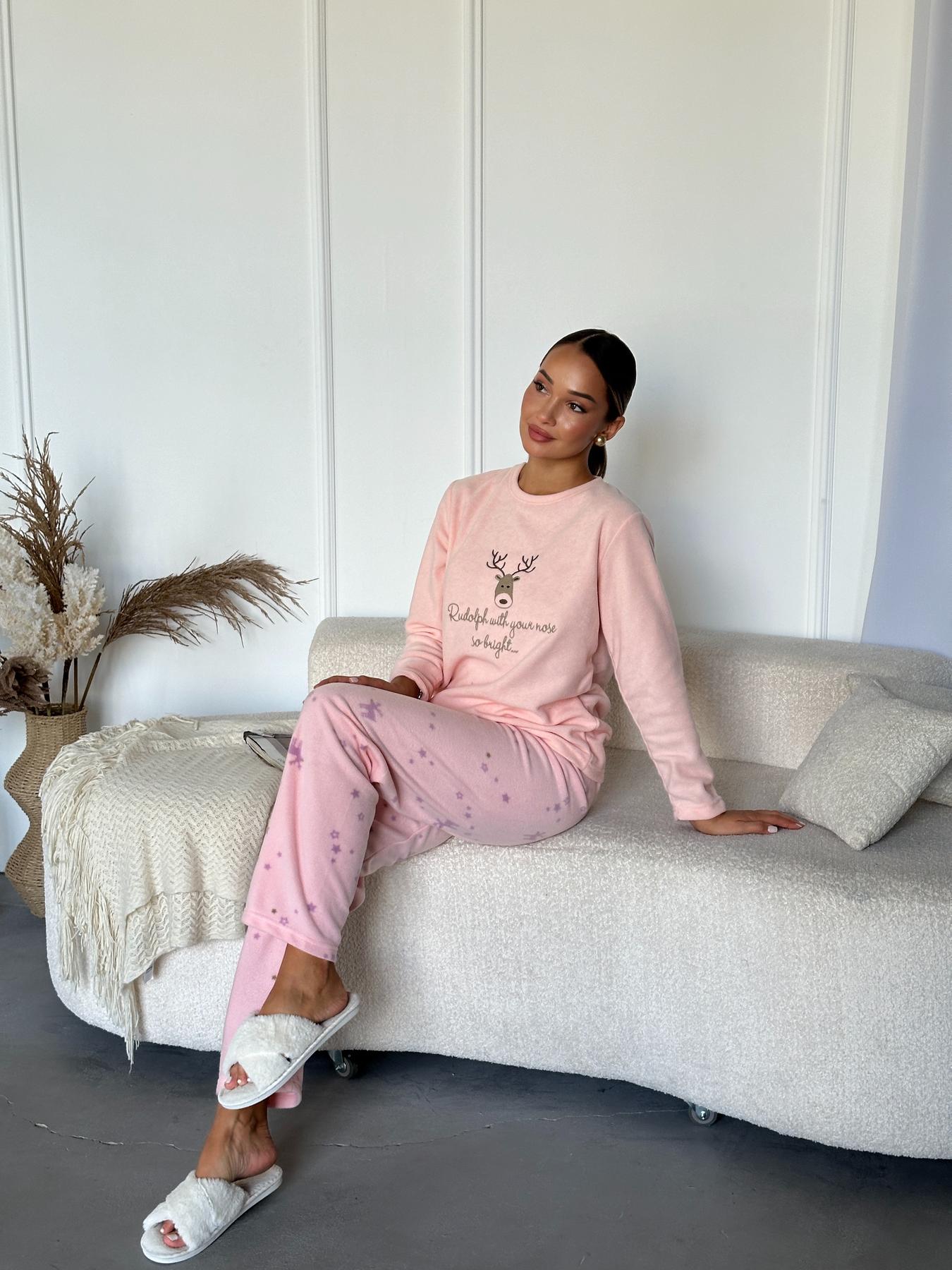 Жіноча тепла піжама з флісу полар персикова, оленятко Рудольф - фото 4
