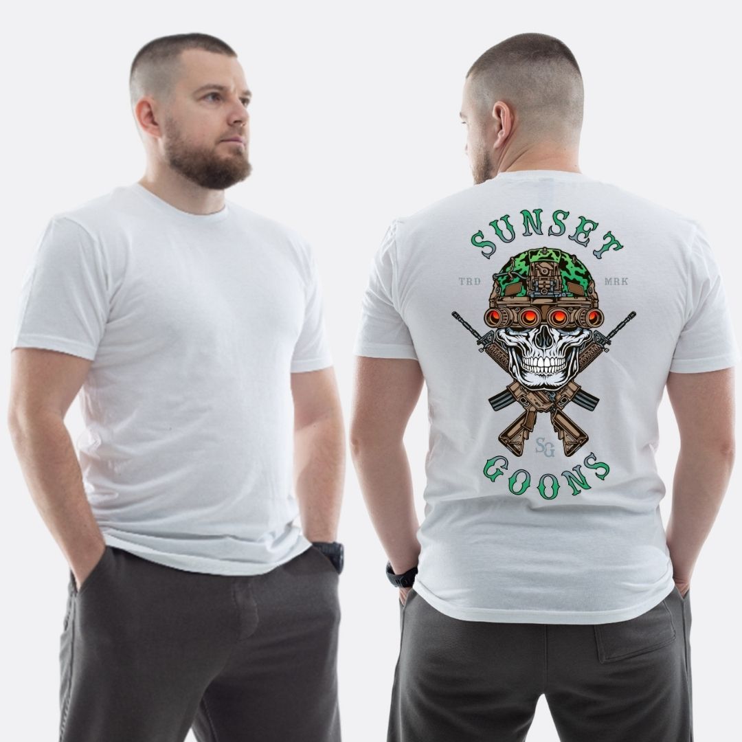 Чоловіча класична футболка з принтом Sunset Goons зелений череп з тепловізором , Білий
