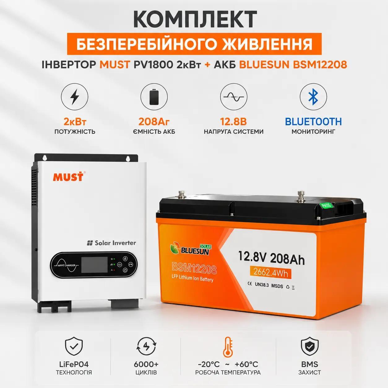 Комплект безперебійного живлення 2кВт: Інвертор Must PV1800 + LiFePO4 акумулятор BlueSun BSM12208 12.8В 208Аг (2662Wh)