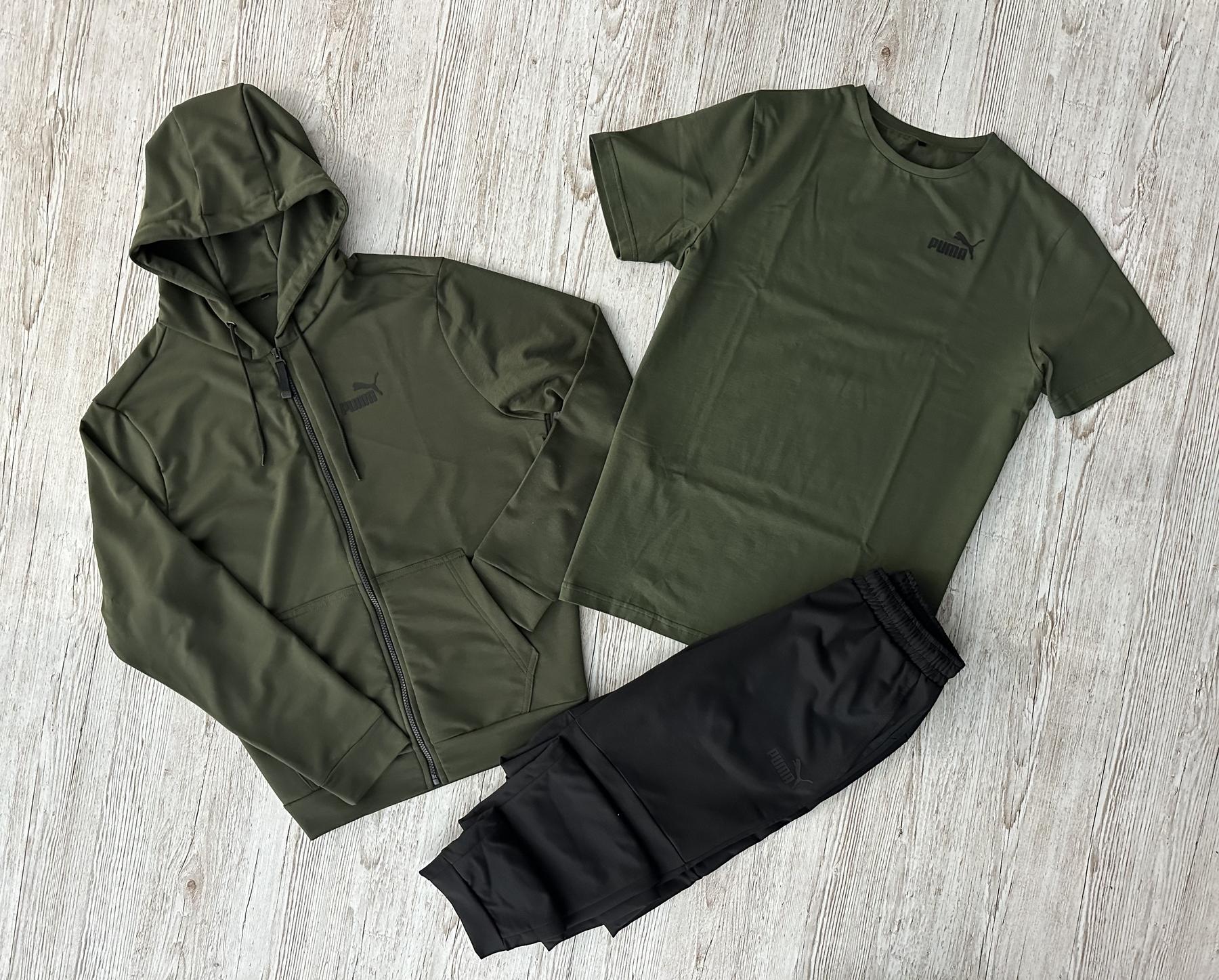 Демисезонный спортивный костюм Puma кофта на молнии хаки + штаны (двонитка) + Футболка хаки Puma + Жилетка +