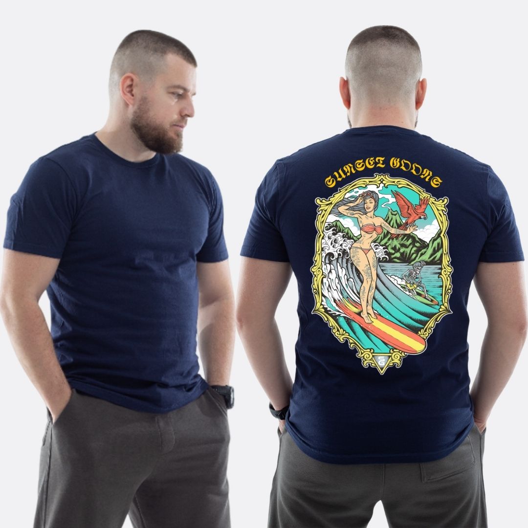 Чоловіча класична футболка з принтом Sunset Goons дівчина на серфінгу , Темно синій