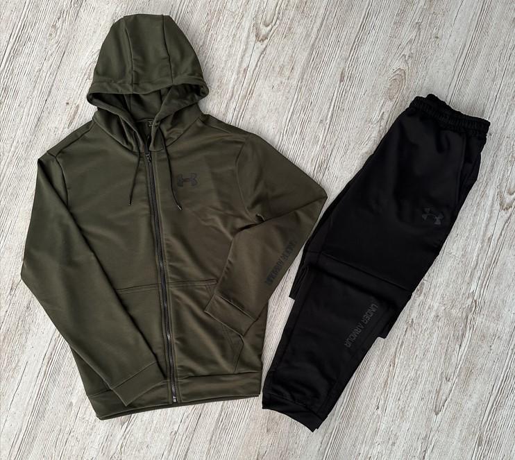 Демисезонный спортивный костюм Under Armour кофта на молнии хаки + штаны (двонитка) + Футболка хаки Under