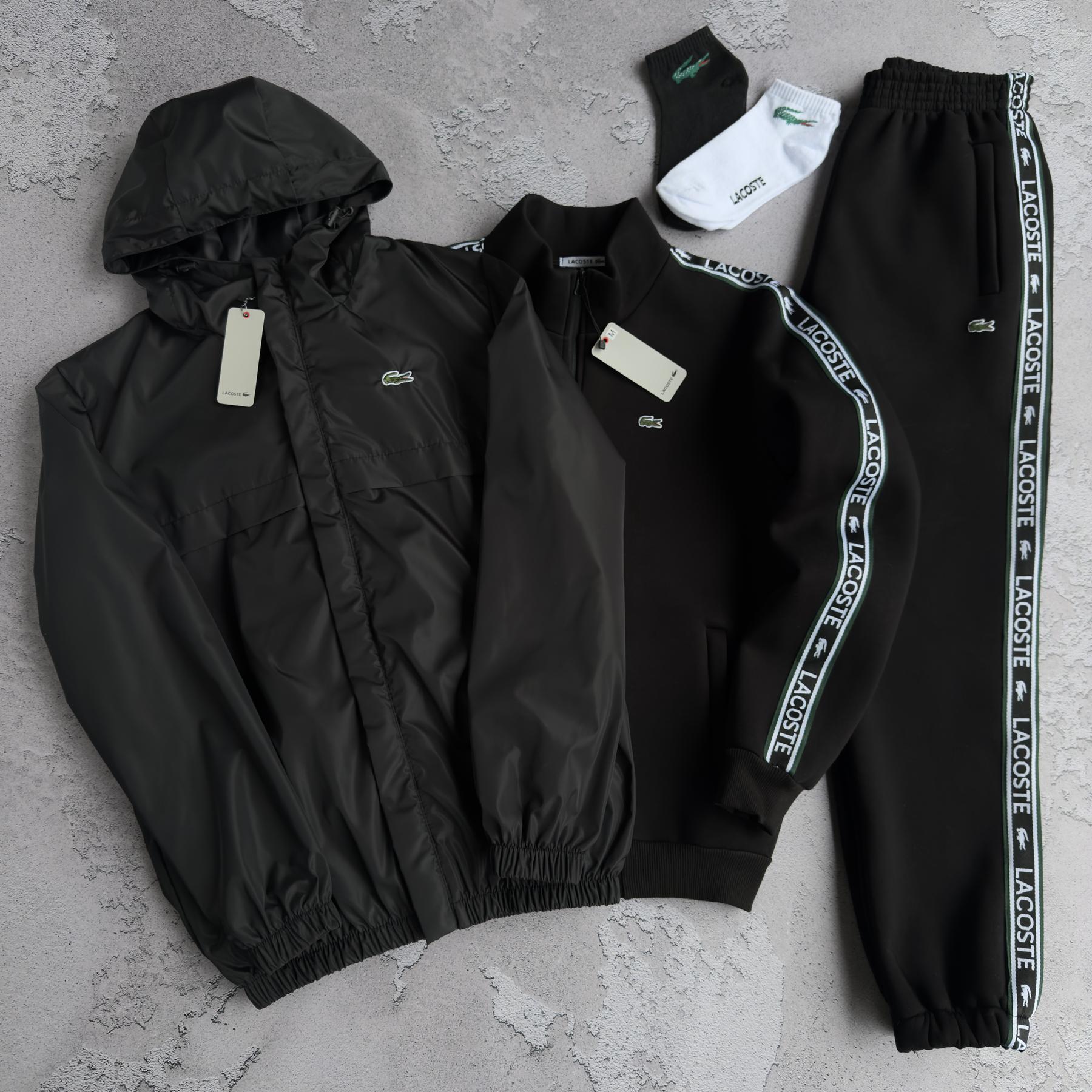 Набор Lacoste Зима ветровка кофта штаны унисекс хлопковый черный стильный теплый с вышивкой для дома комплект